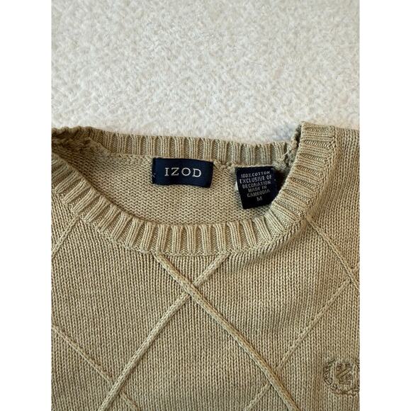 IZOD Cotton Sweater Men Medium Crew Neck Pintuck Diamond Knit Neutral Tone 90s - Picture 2 of 8